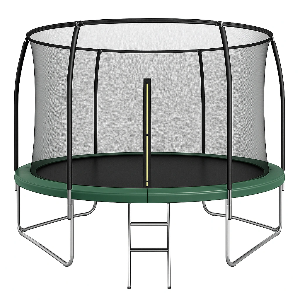Trampolín redondo con red de seguridad y escalera, color verde, apto para jardín 3,5x3,5x2,6m