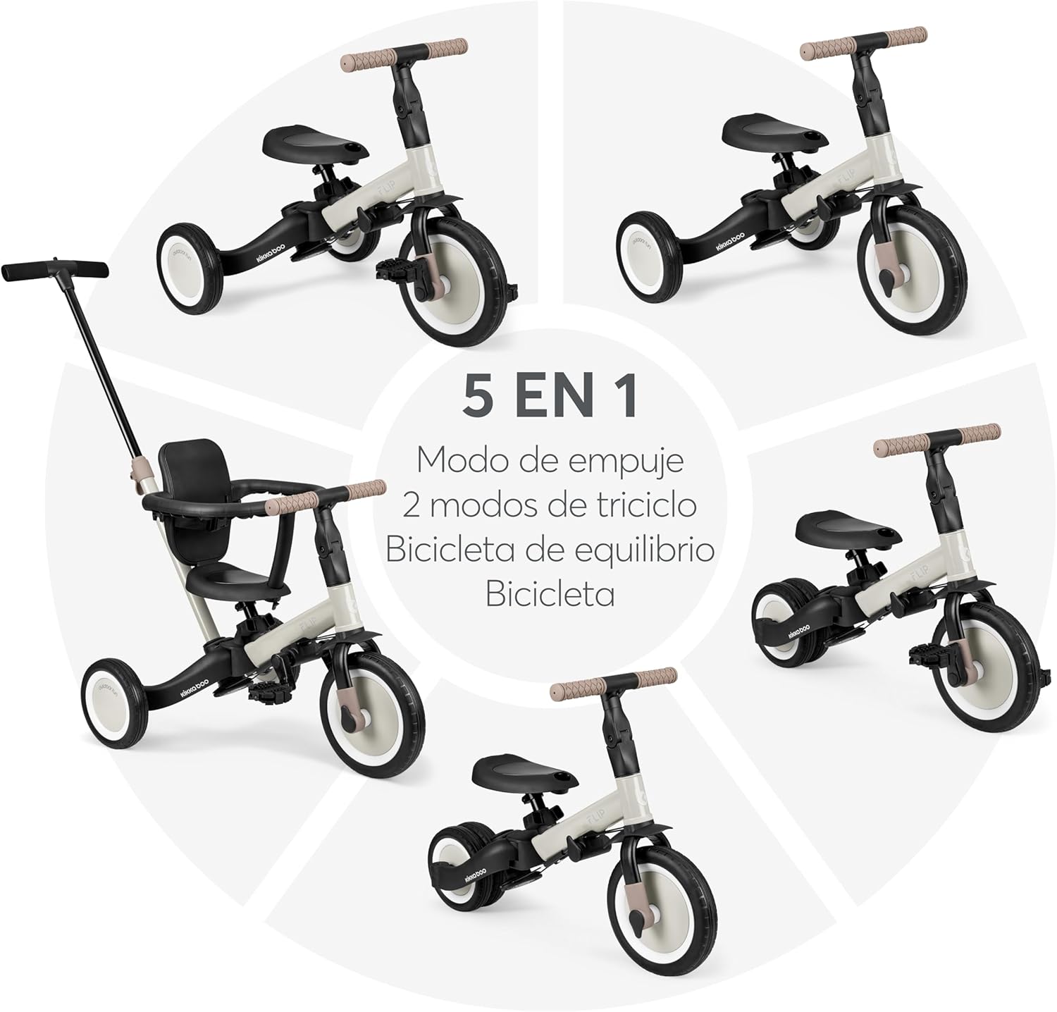 KikkaBoo FLIP, Triciclo Evolutivo 5 en 1 para Bebés, Bicicleta con o sin Pedales, Ajustable y Transformable, Beige, de 1 a 5 Años