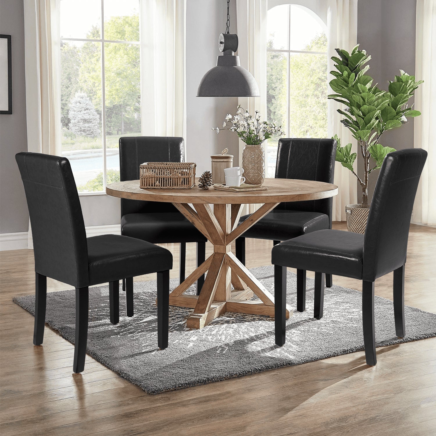 2025 Set de 4 Sillas de Comedor Lacoo Estilo Urbano con Asiento de Cuero PU y Patas de Madera, Color Negro