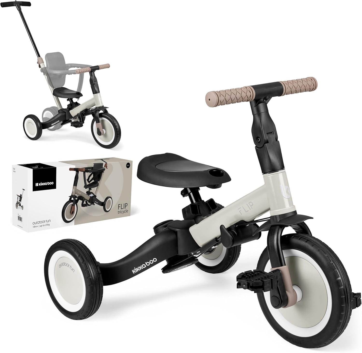 KikkaBoo FLIP, Triciclo Evolutivo 5 en 1 para Bebés, Bicicleta con o sin Pedales, Ajustable y Transformable, Beige, de 1 a 5 Años