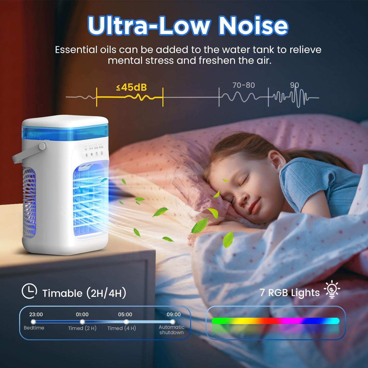 Aire Acondicionado Portátil Mini con Tanque de 1000 ml, Enfriador de Aire 5 en 1 Silencioso, 3 Velocidades / 2 Modos de Pulverización / Humidificación / 7 Luces LED / Temporizador 2-4H, Ventilador para Hogar y Oficina