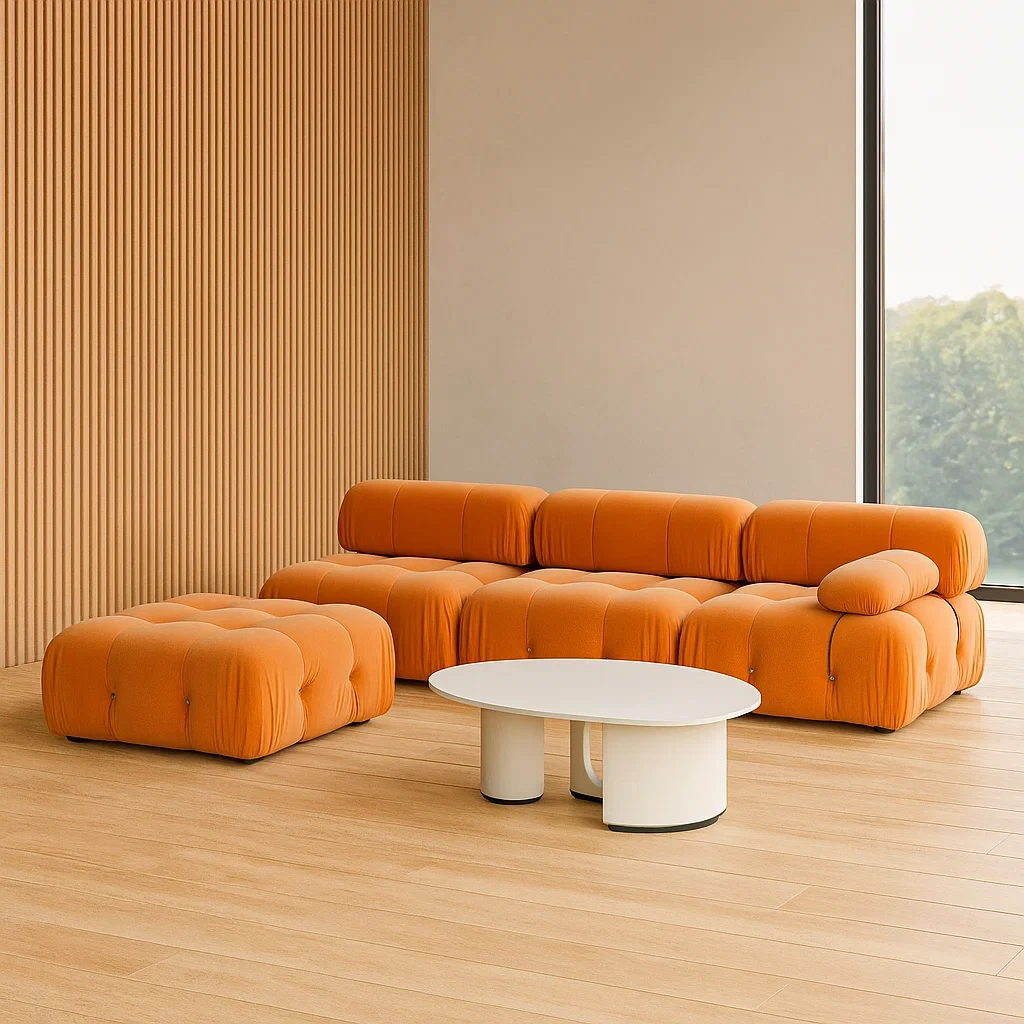 Sofá modular,con reposapiés y mesa de centro,naranja,terciopelo,apto para salón,263x80x66 cm