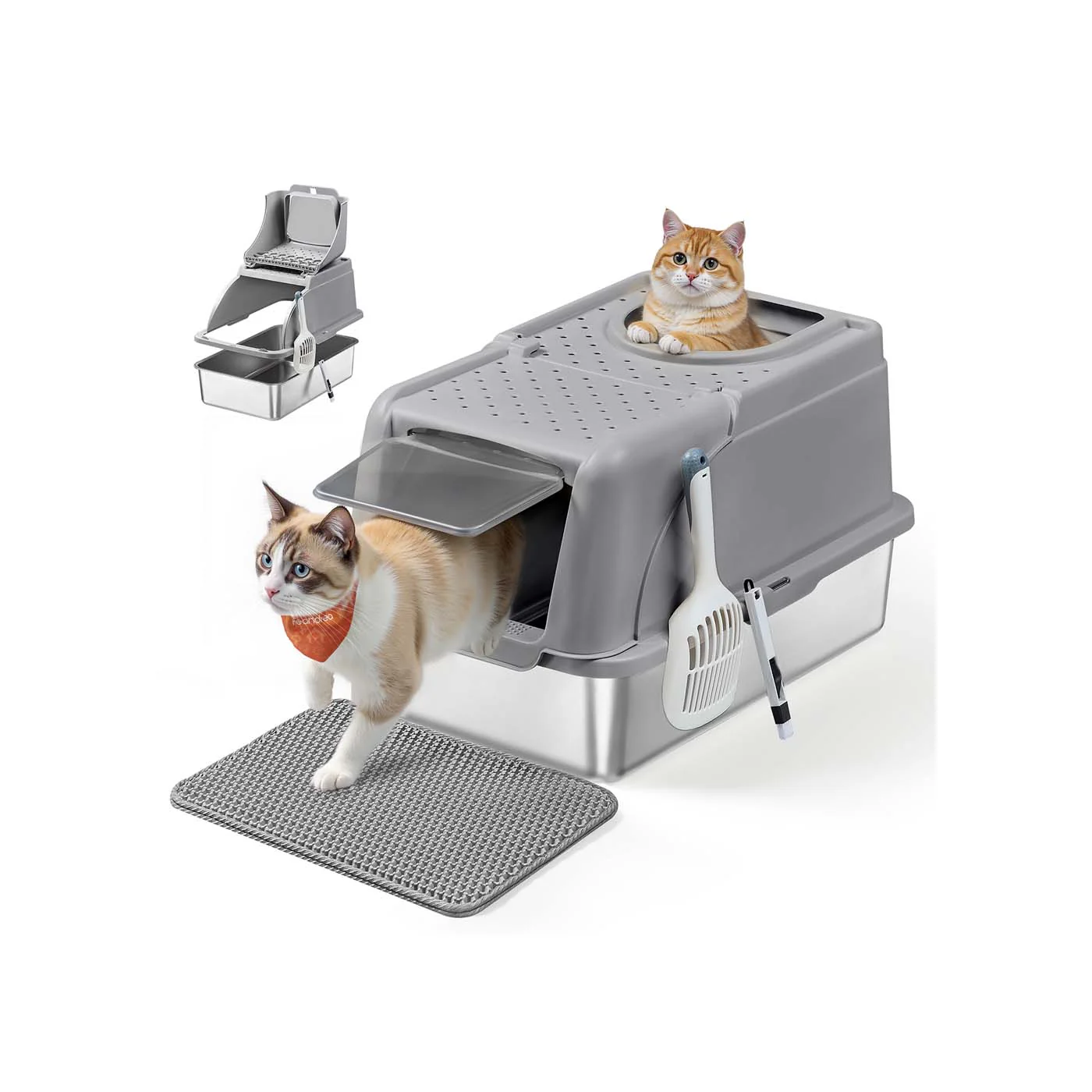 Caja de arena para gatos de acero inoxidable con tapa abatible