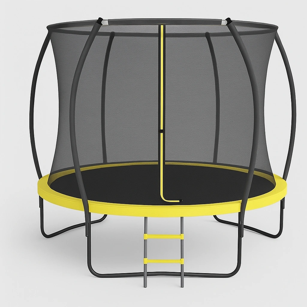 Trampolín redondo con red de seguridad negro y amarillo 100% acero para jardín y exterior 300 x 250 cm
