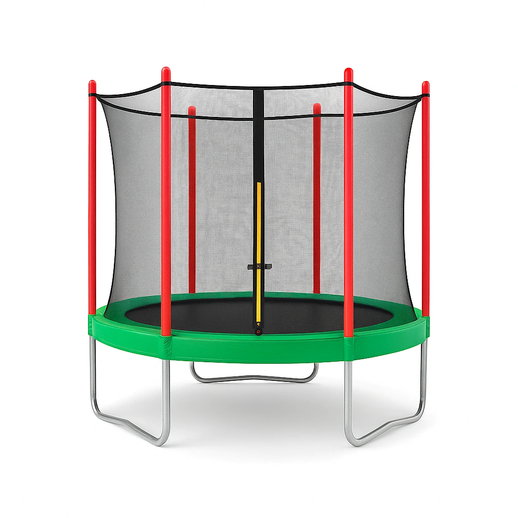 Trampolín redondo con red de seguridad y estructura metálica verde y roja 3x3x2.5m