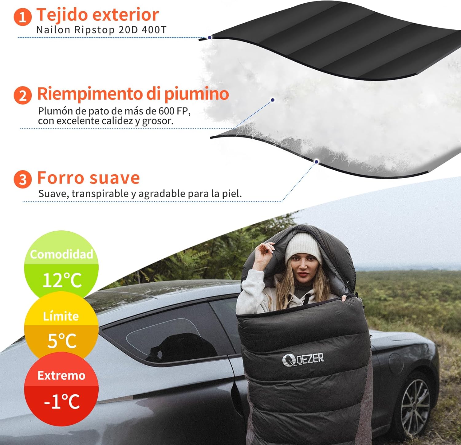 QEZER Saco de Dormir Plumón 220 cm x 80 cm 8 ~ -3 ℃ Saco de Dormir 4 Estaciones Ultraligero Adultos y Niños,Sleeping Bag para Camping y Senderismo
