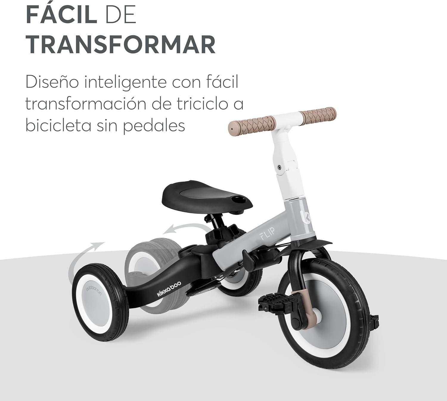KikkaBoo FLIP, Triciclo Evolutivo 5 en 1 para Bebés, Bicicleta con o sin Pedales, Ajustable y Transformable, Beige, de 1 a 5 Años