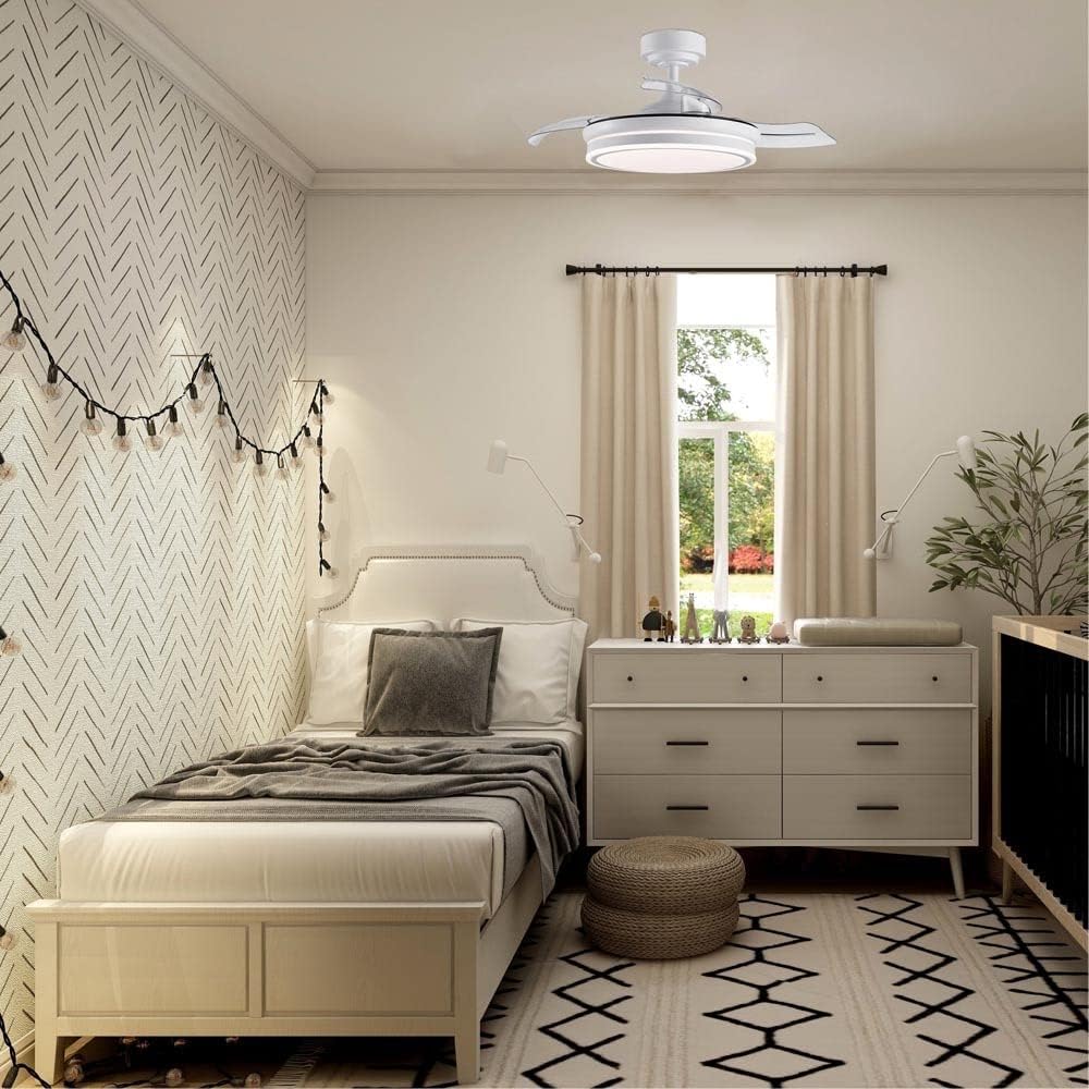 wonderlamp – Ventilador de Techo con Luz LED Pearl Mini, Aspas Retráctiles, Motor DC Muy Silencioso, 3 Temperaturas de Color Regulables, 46W, Blanco