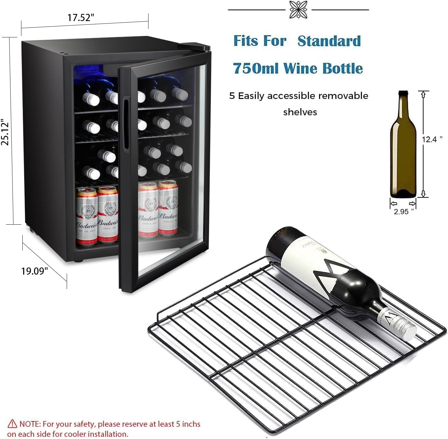 Antarctic Star Enfriador de Vino para 36 Botellas / Refrigerador de Bebidas, Mini Bodega, Refrigerador para Cerveza y Refrescos, Operación Silenciosa con Compresor, Temperatura Ajustable, Independiente, Color Negro, 4.4 pies cúbicos