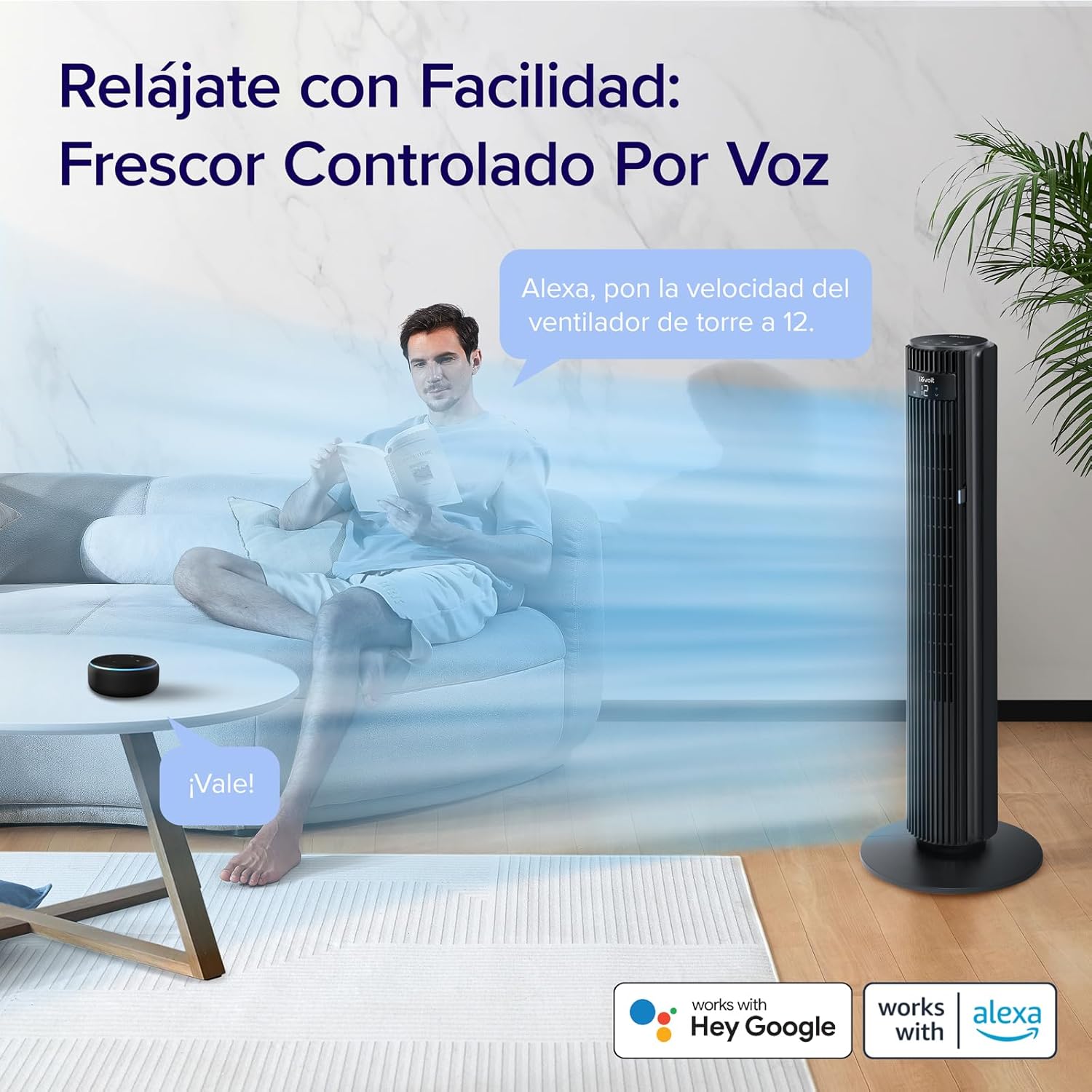 Ventilador de Torre LEVOIT 20dB con Control Remoto, 7.9 m/s con Motor DC, Ventilador Silencioso de 26W con Modo Sueño, 4 Modos y 12 Velocidades, Temporizador de 12H, Pantalla LED, Oscilación de 90°, Blanco