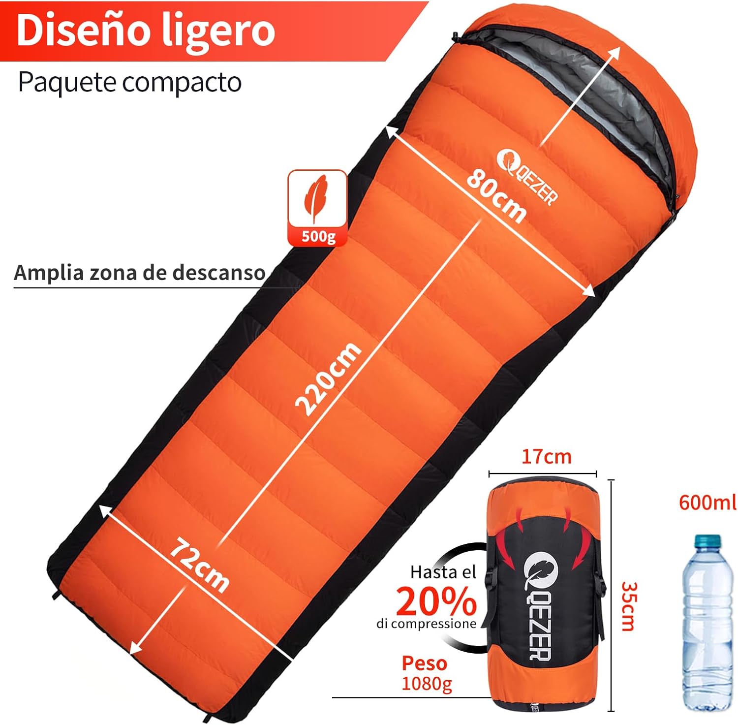 QEZER Saco de Dormir Plumón 220 cm x 80 cm 8 ~ -3 ℃ Saco de Dormir 4 Estaciones Ultraligero Adultos y Niños,Sleeping Bag para Camping y Senderismo