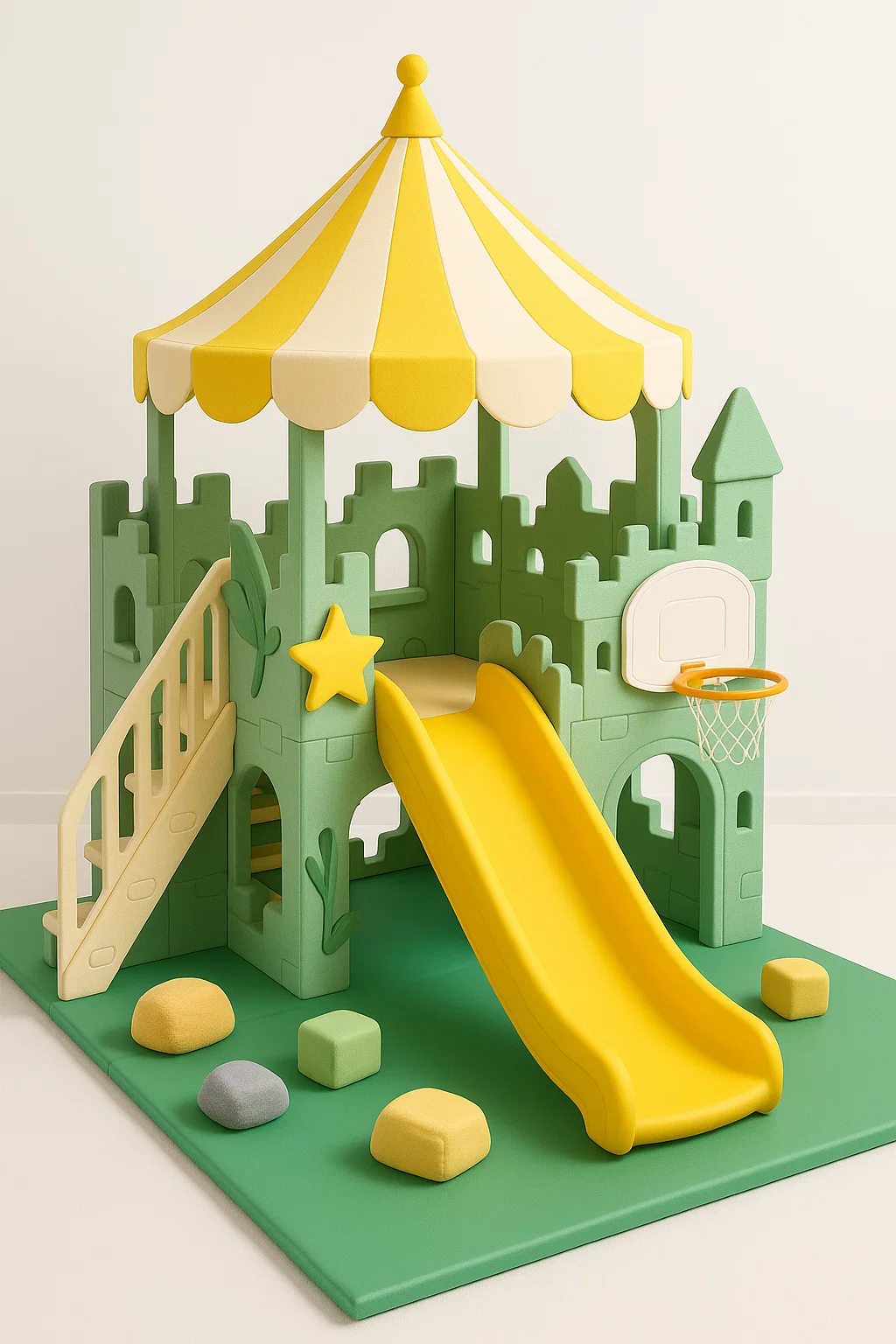 Parque infantil 3 en 1 - con tobogán, escaleras y canasta de baloncesto - diseño castillo con toldo de circo - plástico - verde y amarillo hETlPgjn65cW