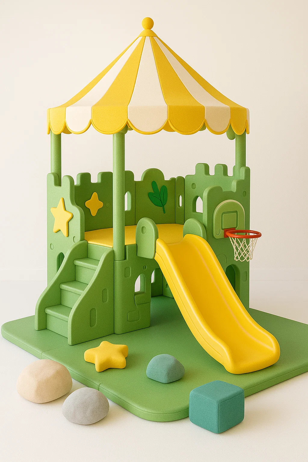 Parque infantil 3 en 1 - con tobogán, escalera y canasta de baloncesto en forma de castillo con toldo - plástico - verde y amarillo LXjMLYou66EQ