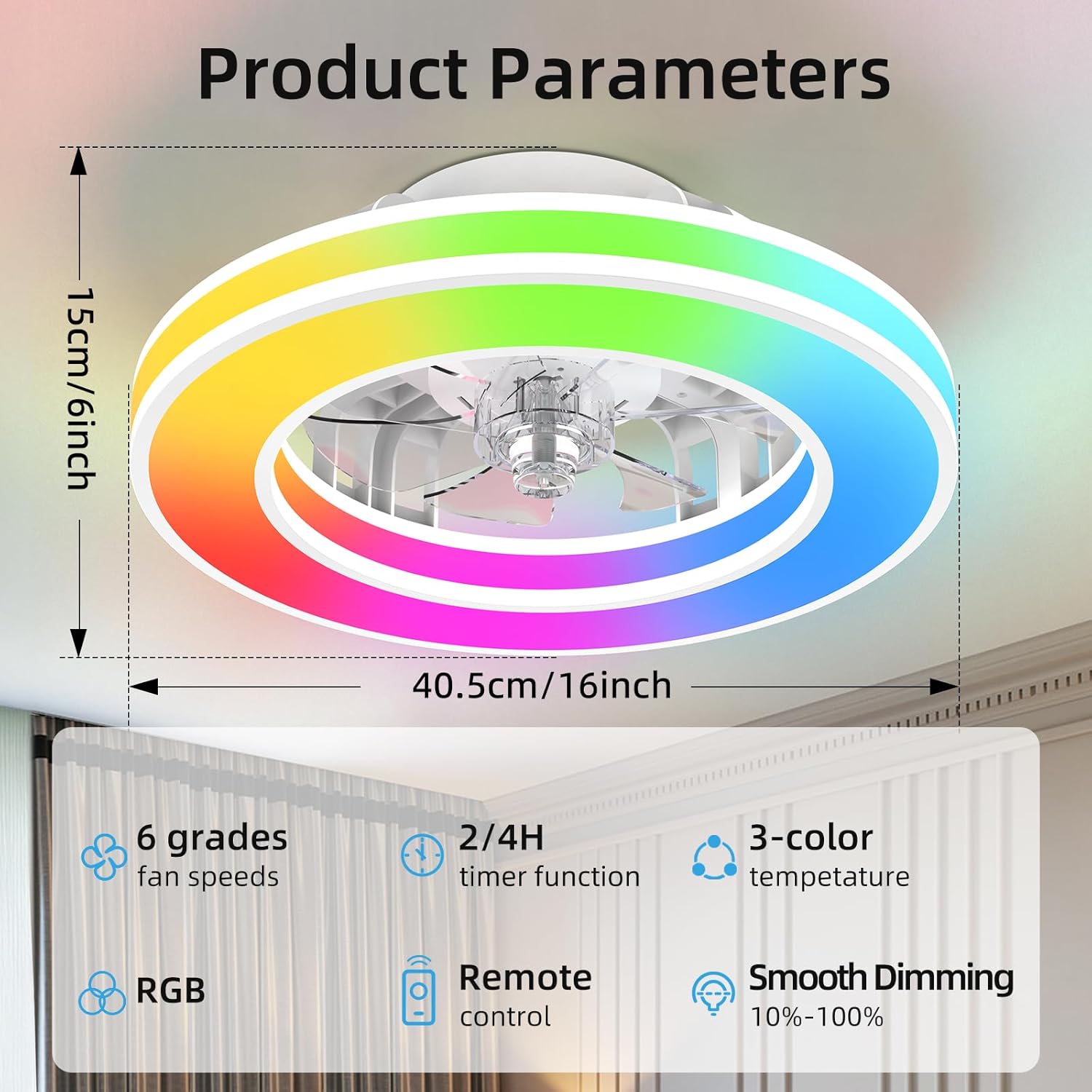Ventilador de Techo con Luz 40.5 cm, Ventilador Silencioso de 20 W, Regulable 3000K-4000K-6500K, 6 Velocidades con Control Remoto, Temporizador, Memoria de Luz, Ventilador Reversible
