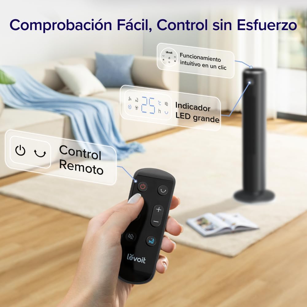 Ventilador de Torre LEVOIT 20dB con Control Remoto, 7.9 m/s con Motor DC, Ventilador Silencioso de 26W con Modo Sueño, 4 Modos y 12 Velocidades, Temporizador de 12H, Pantalla LED, Oscilación de 90°, Blanco