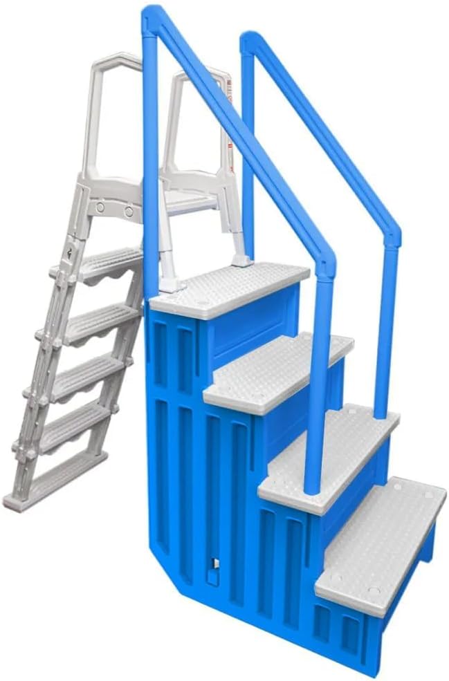 Escalones antideslizantes Aqua Select para piscinas elevadas | Azul | Para piscinas sobre tierra | Se pueden montar en terrazas de 48