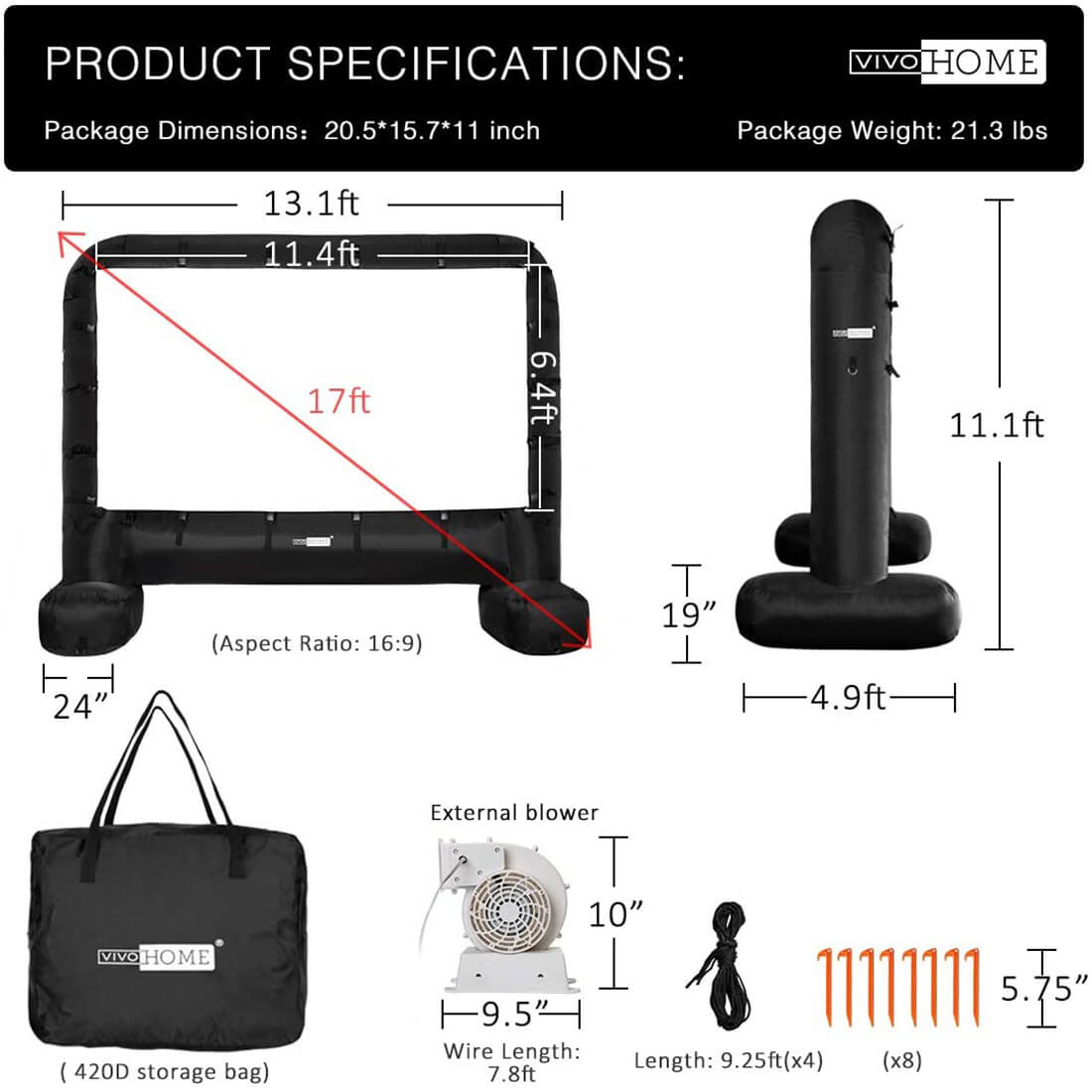 2025 Pantalla Inflable de Cine Gigante de 14-17 Pies para Proyección Frontal y Trasera – Ideal para Exteriores