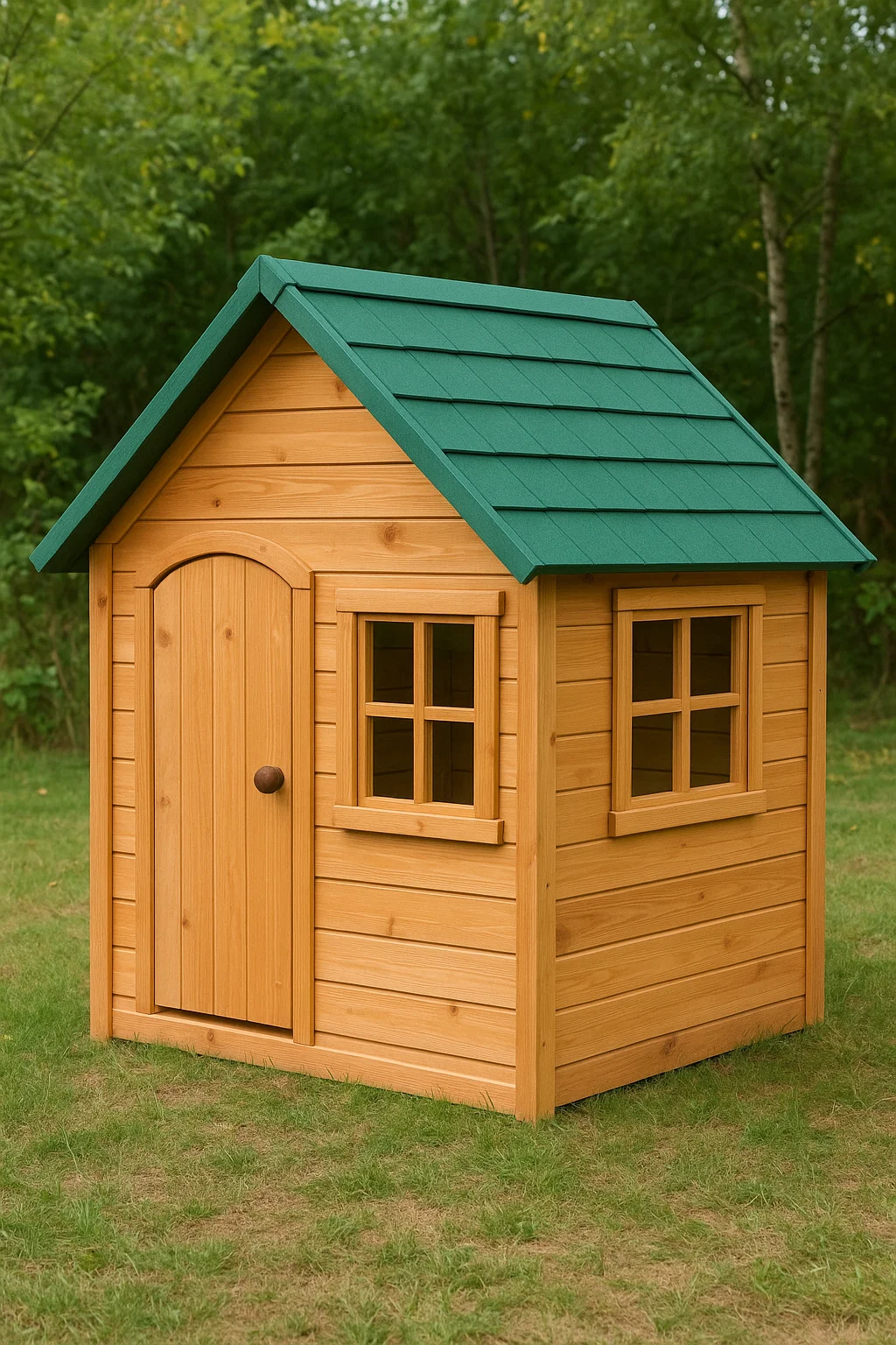 Caseta infantil de madera natural con techo verde para jardín exterior 130x110x150 cm JpkxBYF160iN