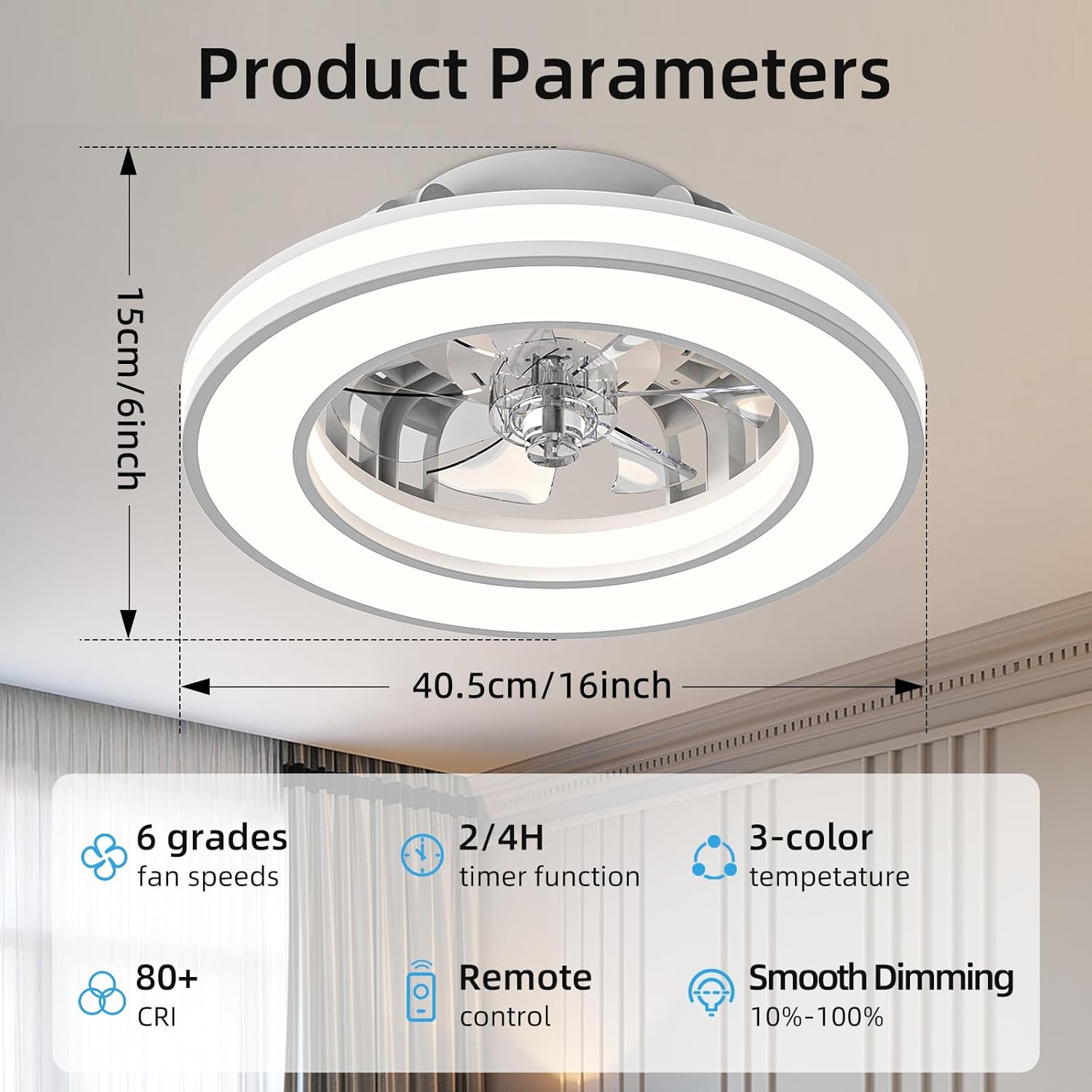 Ventilador de Techo con Luz 40.5 cm, Ventilador Silencioso de 20 W, Regulable 3000K-4000K-6500K, 6 Velocidades con Control Remoto, Temporizador, Memoria de Luz, Ventilador Reversible