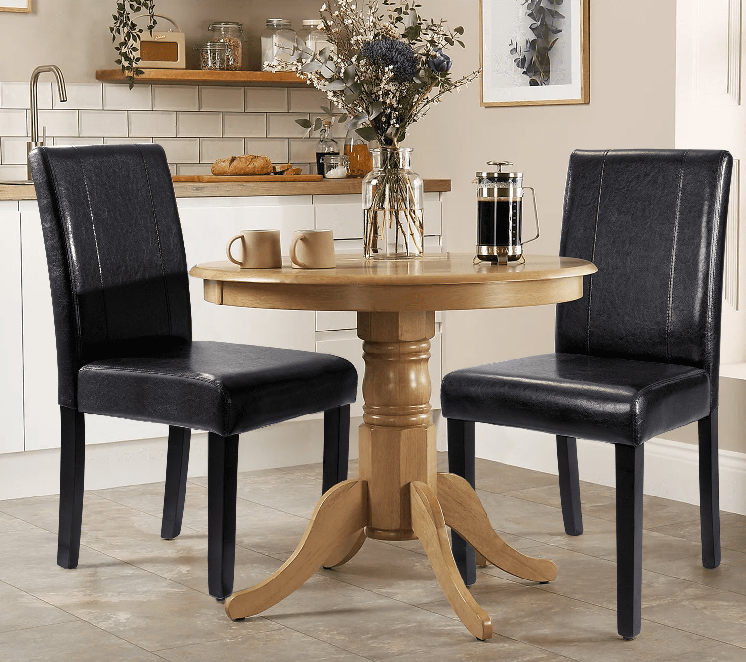 2025 Set de 4 Sillas de Comedor Lacoo Estilo Urbano con Asiento de Cuero PU y Patas de Madera, Color Negro