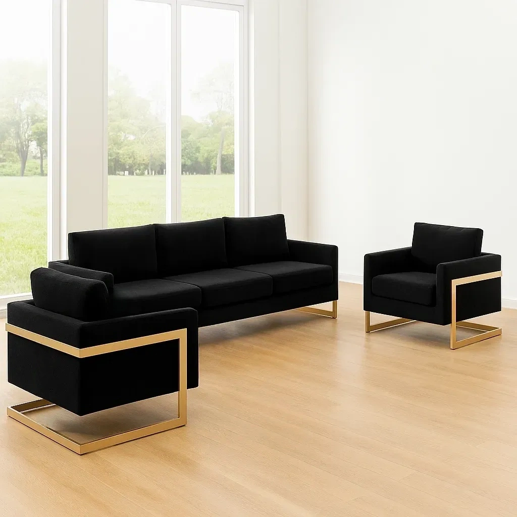 Conjunto de sofá para salón,contiene un sofá de tres plazas y dos sillones individuales,negro,terciopelo y espuma,apto para sala de estar