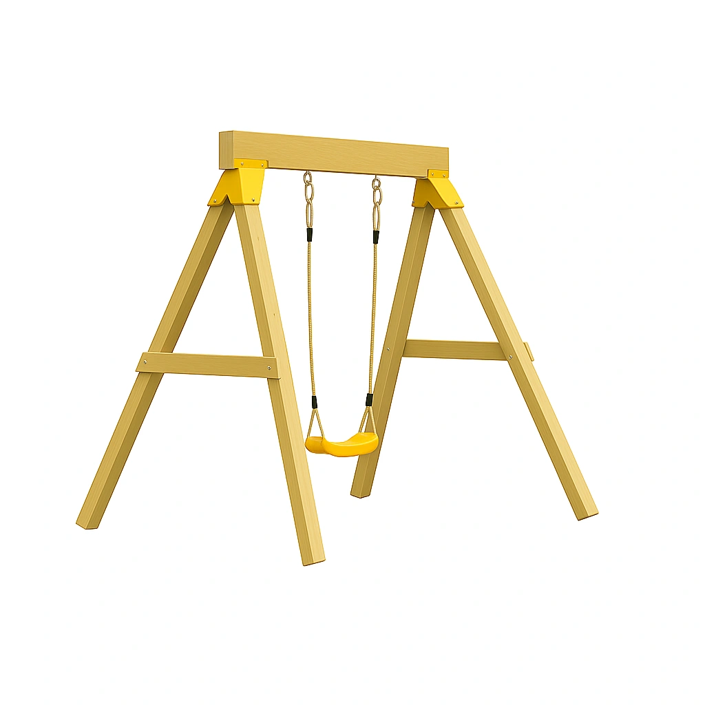 Columpio de jardín, estructura de madera amarilla, asiento amarillo, fabricado en madera maciza, apto para uso exterior, 180x150x210cm