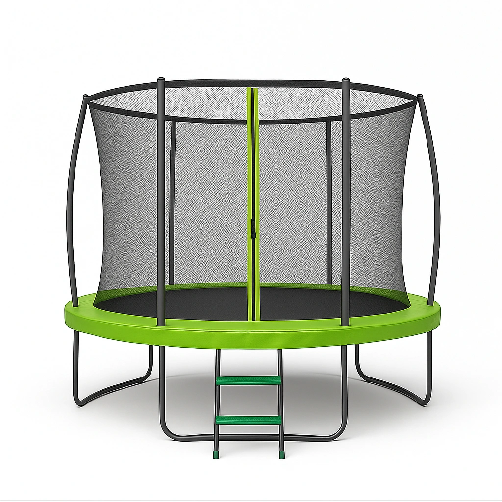 Trampolín redondo con red de seguridad y escalera verde para jardín 3.2x3.2x2.7m