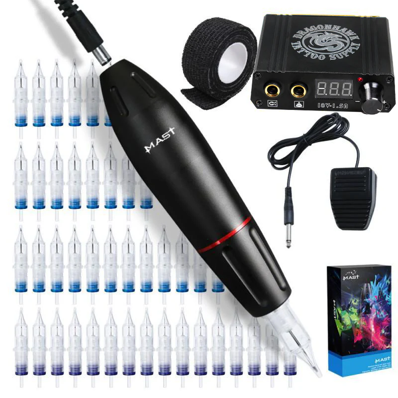 Máquina de Tatuaje Rotativa Dragonhawk Mast con Fuente de Alimentación y 50 Agujas