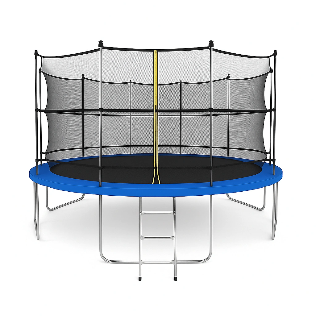 Trampolín redondo con red de seguridad y escalera, azul, material metálico, para exteriores 4x4x2.7m