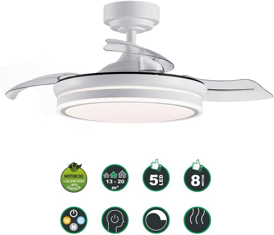 wonderlamp – Ventilador de Techo con Luz LED Pearl Mini, Aspas Retráctiles, Motor DC Muy Silencioso, 3 Temperaturas de Color Regulables, 46W, Blanco