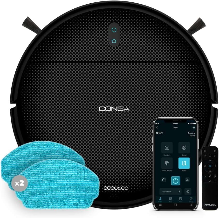 Aspirador Robot Cecotec con Navegación Giroscópica Conga 999 Map X-Treme. Motor de Succión 2000Pa, 2 Cepillos Laterales, 2 Fregonas, Autonomía 120 minutos, Control por App y Mando a Distancia