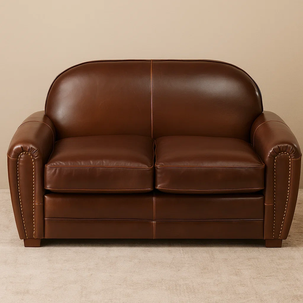 Sofás Club 2 plazas tapizado en piel marrón chocolate con estructura de madera para salón 150×84×85 cm - SkG6iYNLlKbe