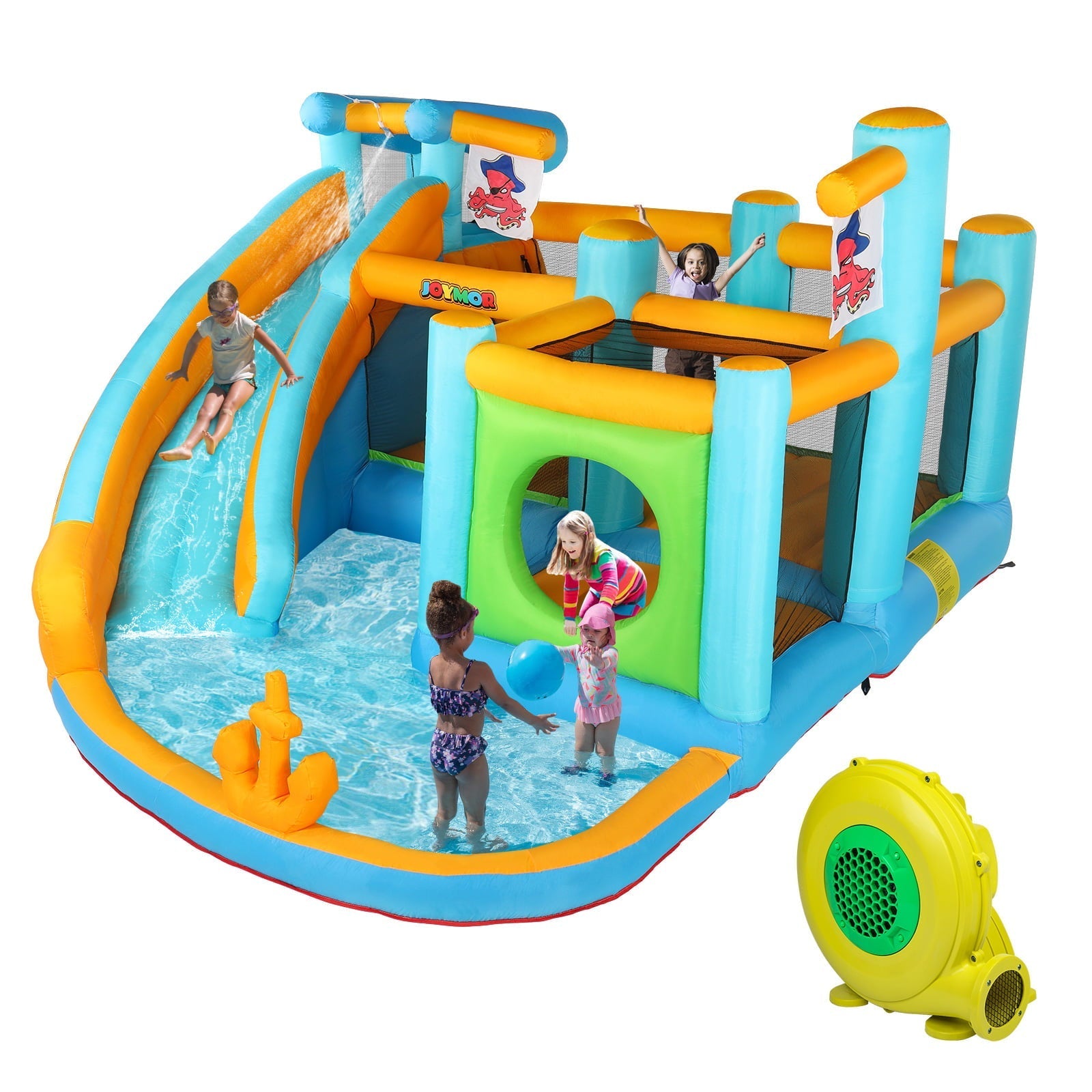 2025 Parque Inflable Acuático JOYMOR con Tema Pirata – Castillos Hinchables con Cañón de Agua, Piscina Splash y Resbaladilla para Niños