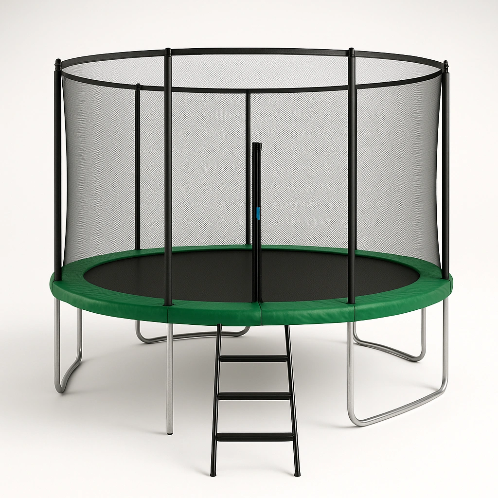 Trampolín redondo con red de seguridad y escalera, verde, material metálico, para exteriores, 3.5x2.5m