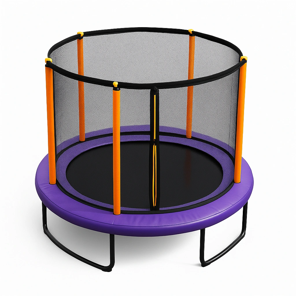 Trampolín redondo morado con red de seguridad y estructura metálica 3x3x2.5m