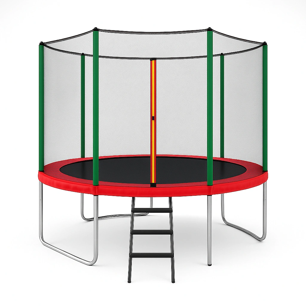 Trampolín redondo con red de seguridad y escalera roja para jardín 3x3x2.5m