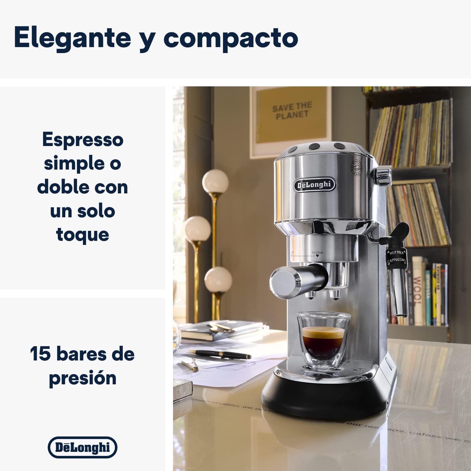 De'Longhi Dedica – Cafetera de Bomba de Acero Inoxidable para Café Molido o Monodosis, Espresso y Capuchino, Depósito de 1.3 Litros, Sistema Antigoteo, Modelo EC685.M, Color Metal