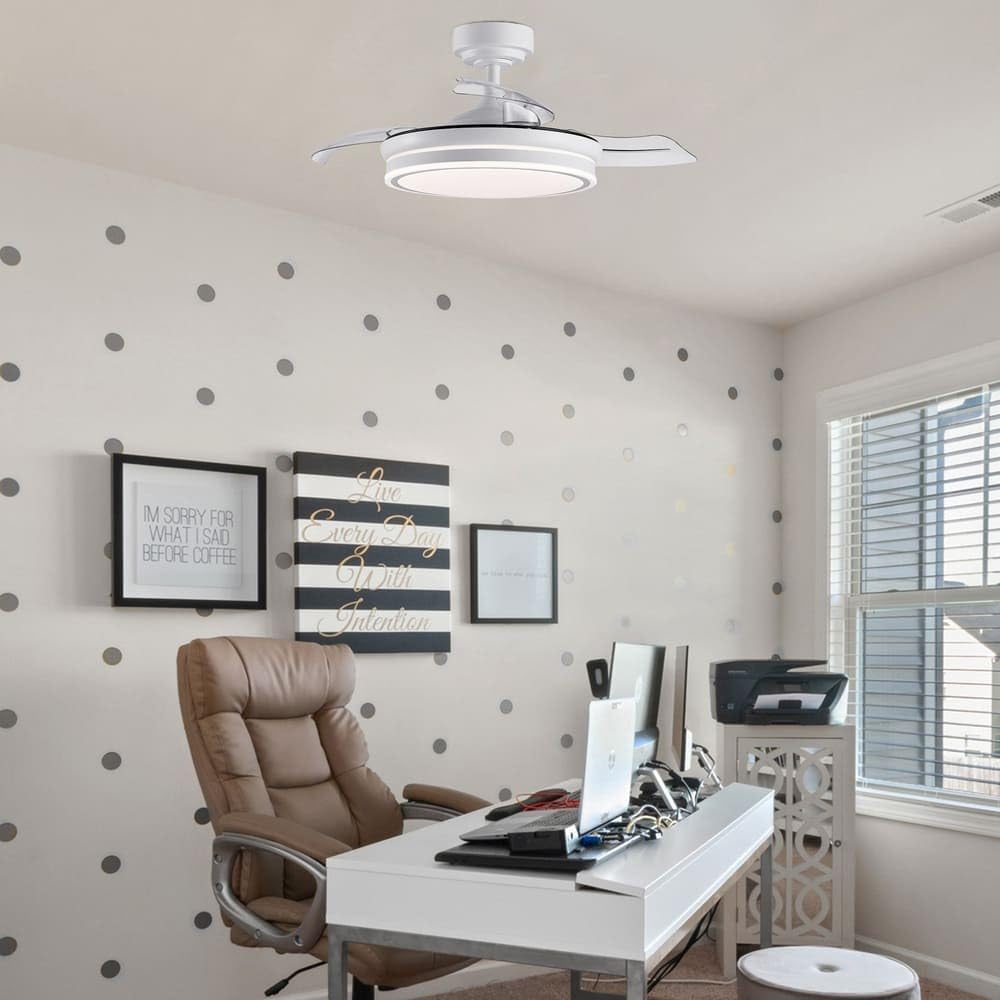 wonderlamp – Ventilador de Techo con Luz LED Pearl Mini, Aspas Retráctiles, Motor DC Muy Silencioso, 3 Temperaturas de Color Regulables, 46W, Blanco