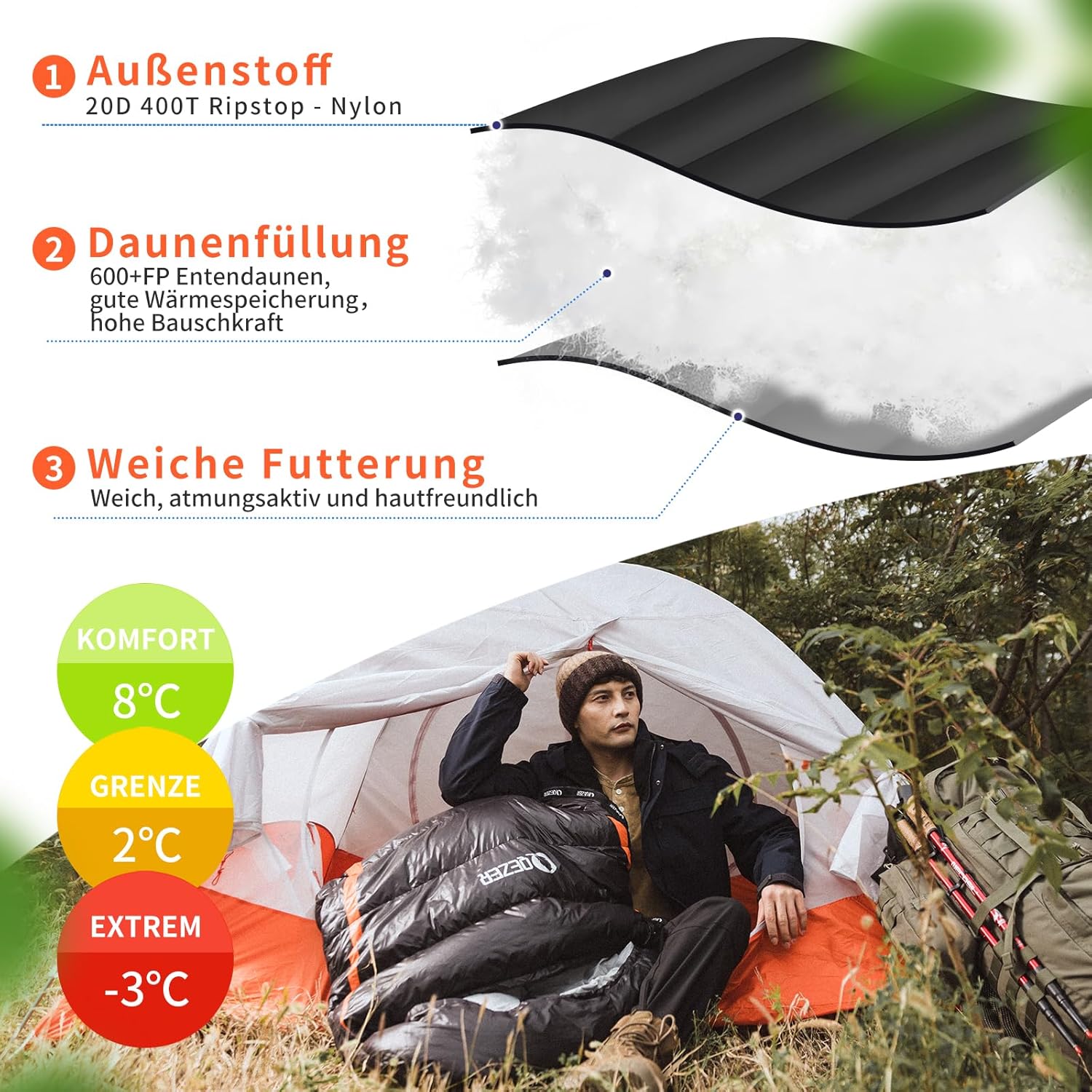 QEZER Saco de Dormir Plumón 220 cm x 80 cm 8 ~ -3 ℃ Saco de Dormir 4 Estaciones Ultraligero Adultos y Niños,Sleeping Bag para Camping y Senderismo