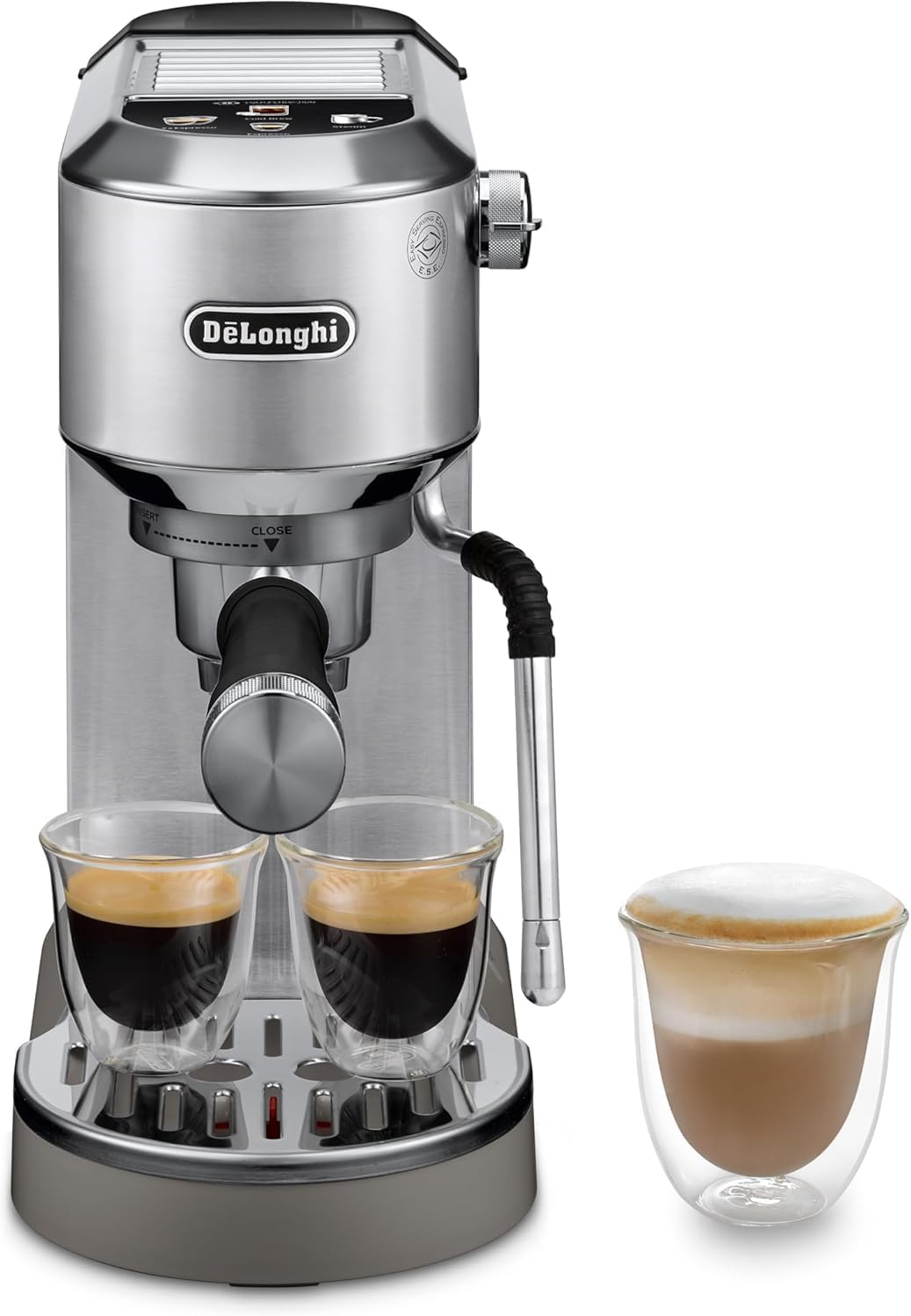 De'Longhi Dedica – Cafetera de Bomba de Acero Inoxidable para Café Molido o Monodosis, Espresso y Capuchino, Depósito de 1.3 Litros, Sistema Antigoteo, Modelo EC685.M, Color Metal