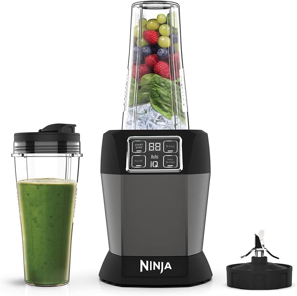 Ninja BN750EU Licuadora 2-en-1 – 1200 W, 3 Programas Automáticos, 4 Configuraciones Manuales, Tecnología Auto-iQ, Jarra de 2.1 L y Vaso de 700 ml, Piezas Aptas para Lavavajillas – Negro/Plata