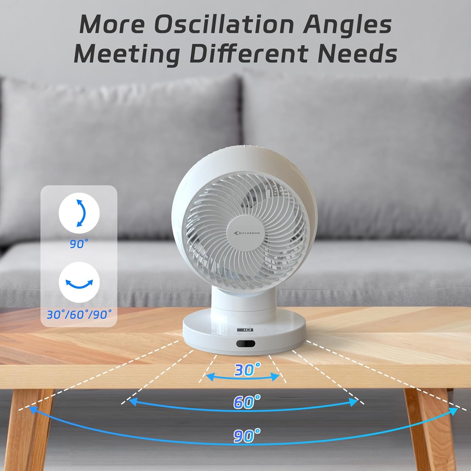 MYCARBON Ventilador de Mesa Turbo Silencioso 20dB, Motor DC Potente, Oscilación de 30°-60°-90°, 11 Velocidades, Temporizador 12h y Encendido Programado, con Control Remoto