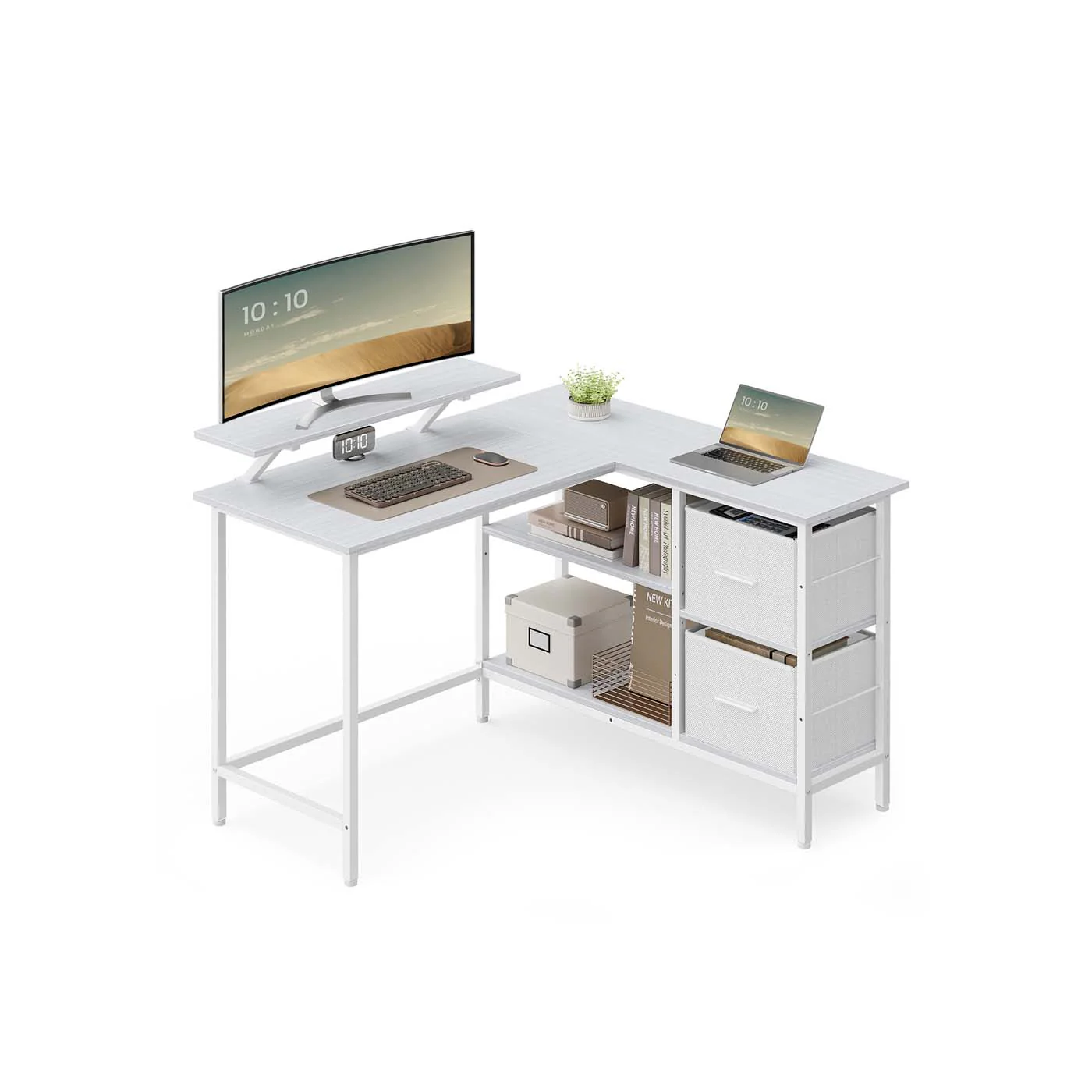 Escritorio en Forma de L con Amplios Cajones con Soporte para Monitor