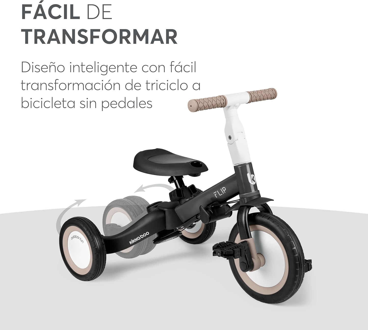 KikkaBoo FLIP, Triciclo Evolutivo 5 en 1 para Bebés, Bicicleta con o sin Pedales, Ajustable y Transformable, Beige, de 1 a 5 Años