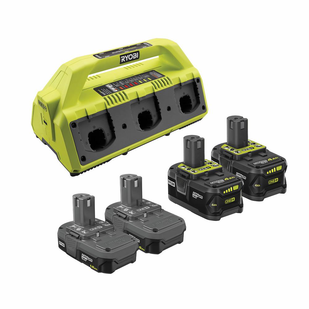 2025 RYOBI ONE+ Kit de Súper Cargador de 18V con (2) Baterías de 1.5 Ah y (2) Baterías de 4.0 Ah