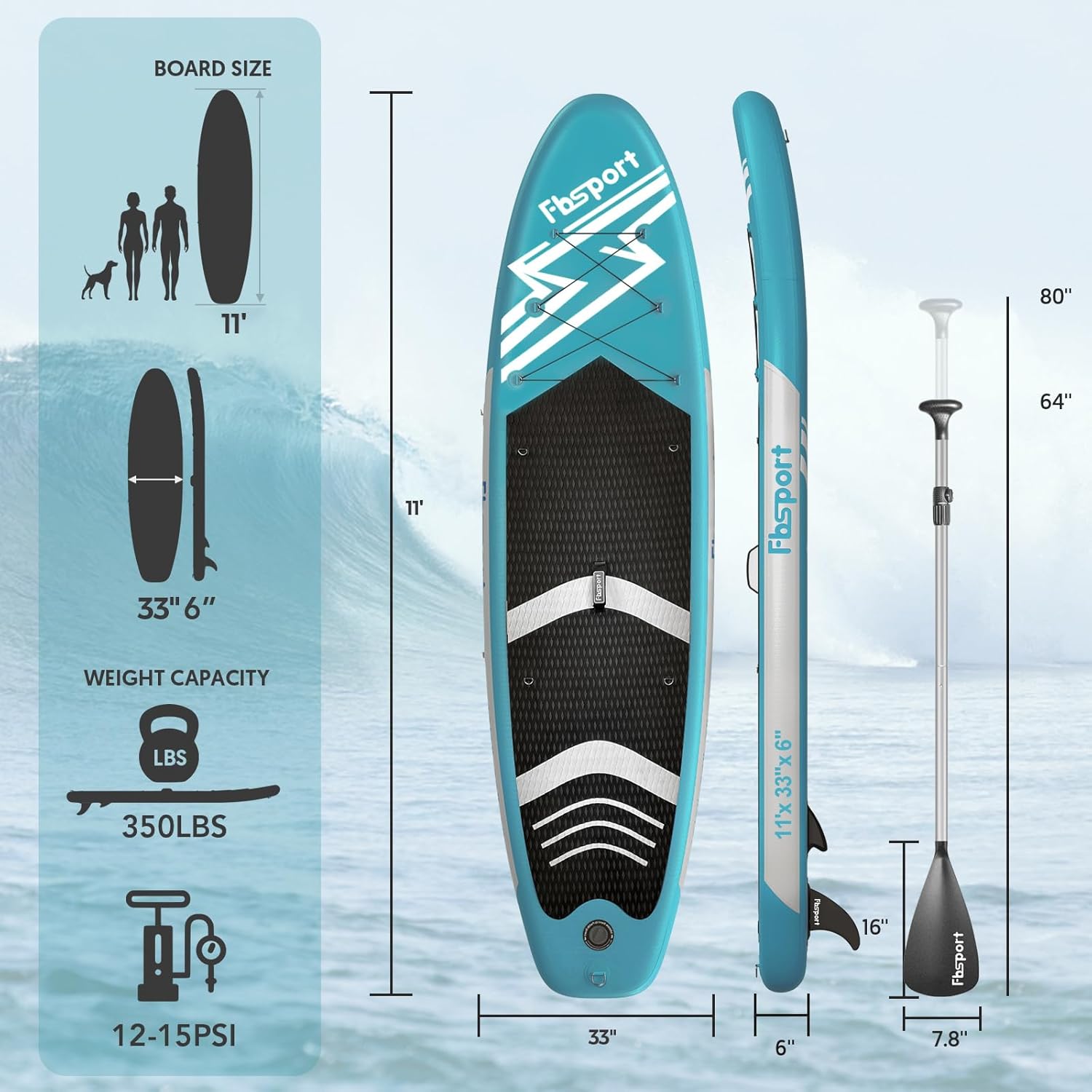 Tabla de Paddle Premium FBSPORT de 11 pulgadas, tabla de yoga con accesorios SUP y bolsa de transporte, postura ancha, control de surf, cubierta antideslizante, correa, remo y bomba para jóvenes y adultos