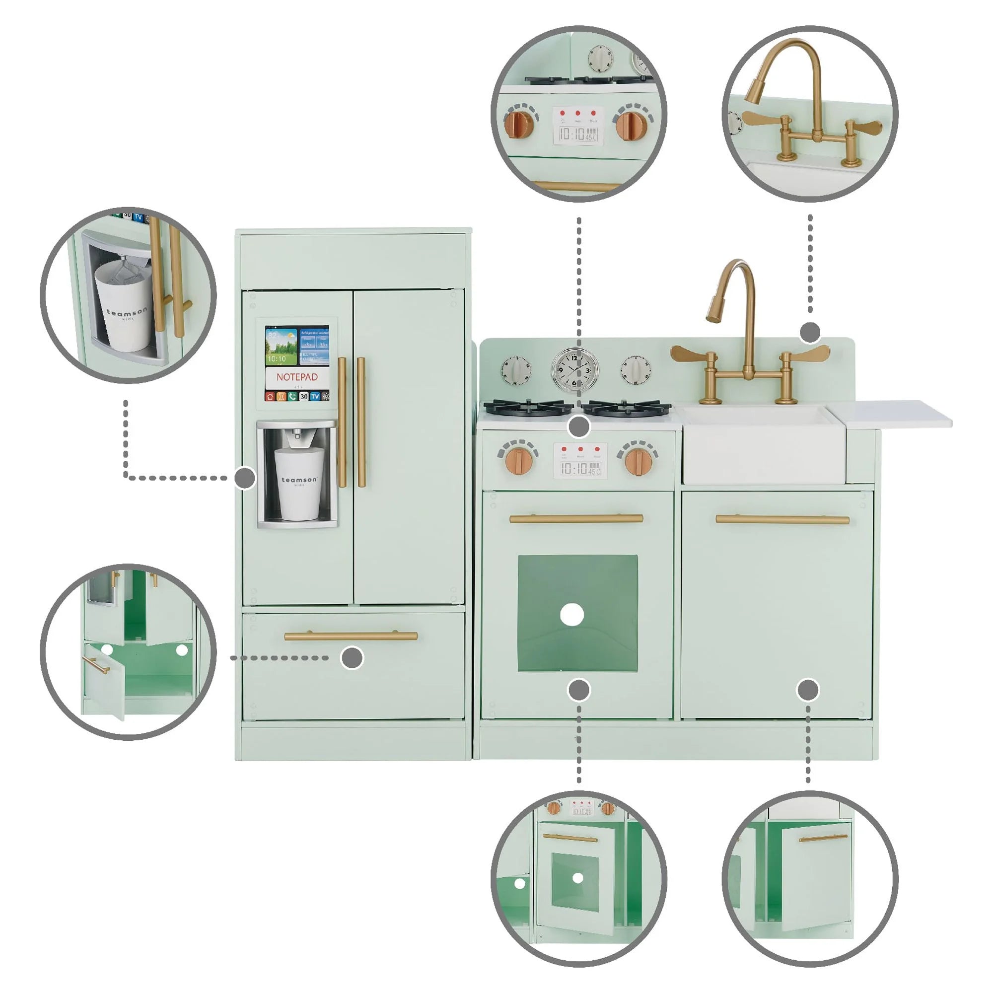 2025 Cocina de Juguete Teamson Kids Little Chef Charlotte con Refrigerador Independiente, Unidad de Cocina Separada y Características Interactivas, Mint