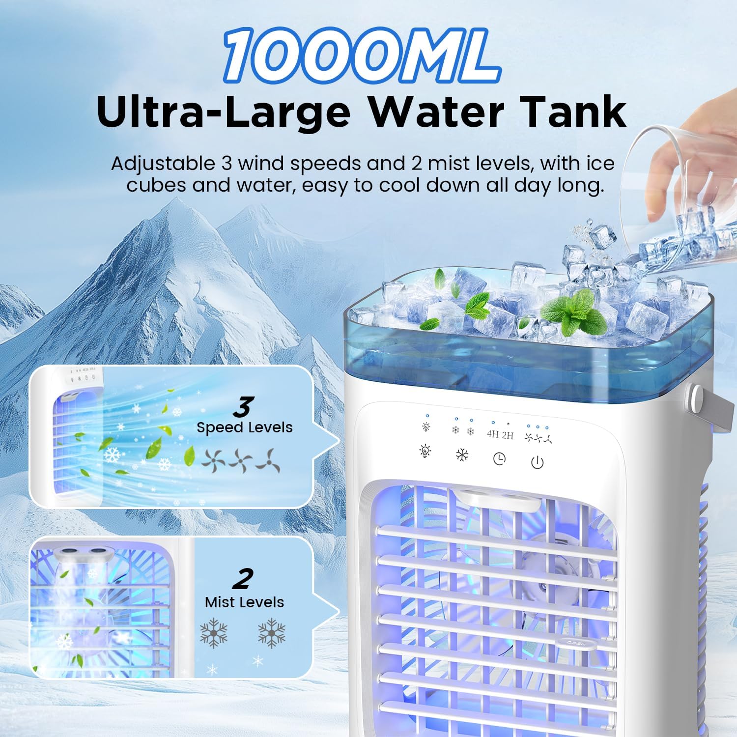 Aire Acondicionado Portátil Mini con Tanque de 1000 ml, Enfriador de Aire 5 en 1 Silencioso, 3 Velocidades / 2 Modos de Pulverización / Humidificación / 7 Luces LED / Temporizador 2-4H, Ventilador para Hogar y Oficina