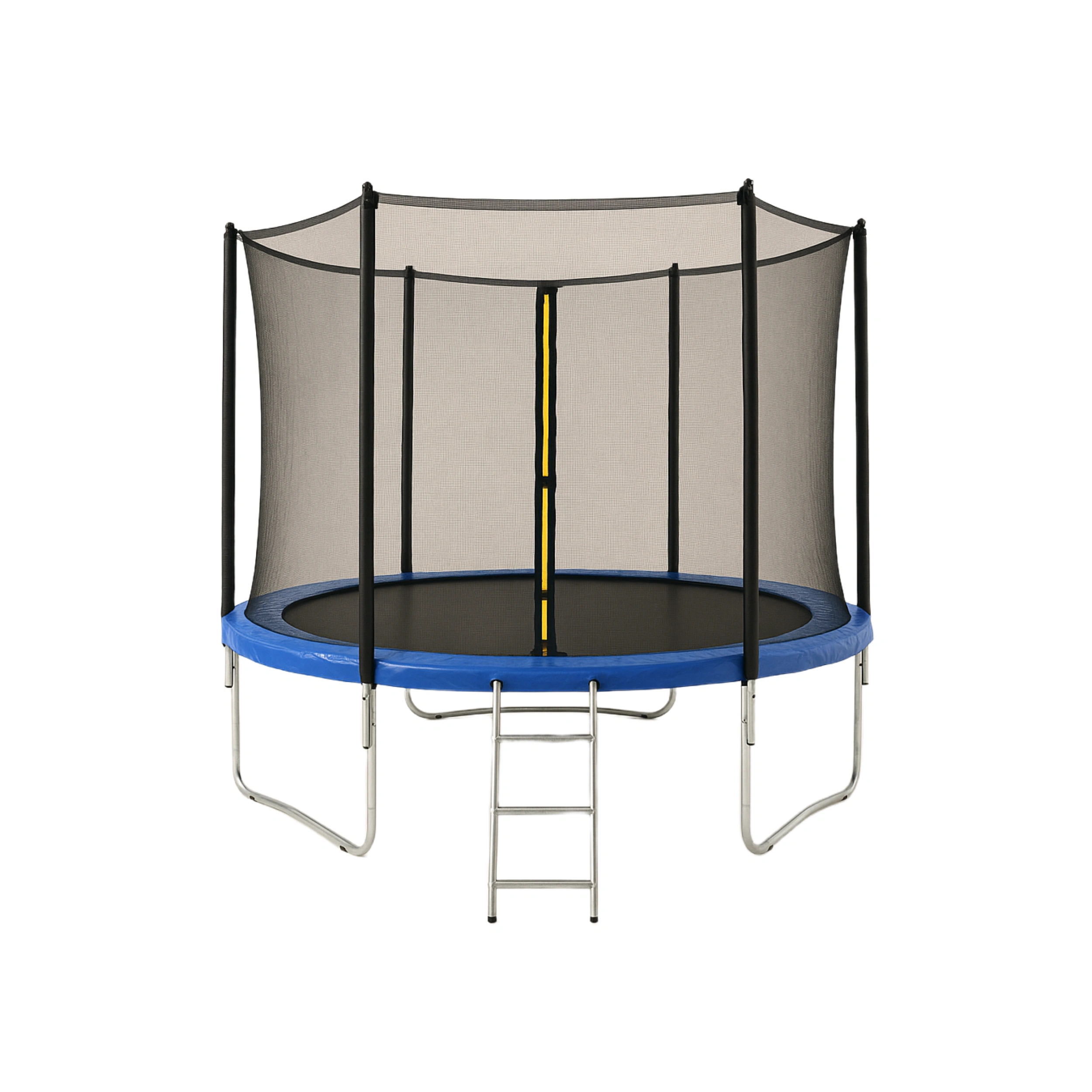 Trampolín redondo con red de seguridad y estructura metálica gris y azul 3x3x2.7m