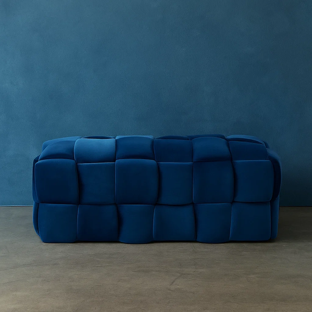 Banco y pie de cama trenzado azul de terciopelo para dormitorio 112×44×45 cm - XElcFg1mpumc